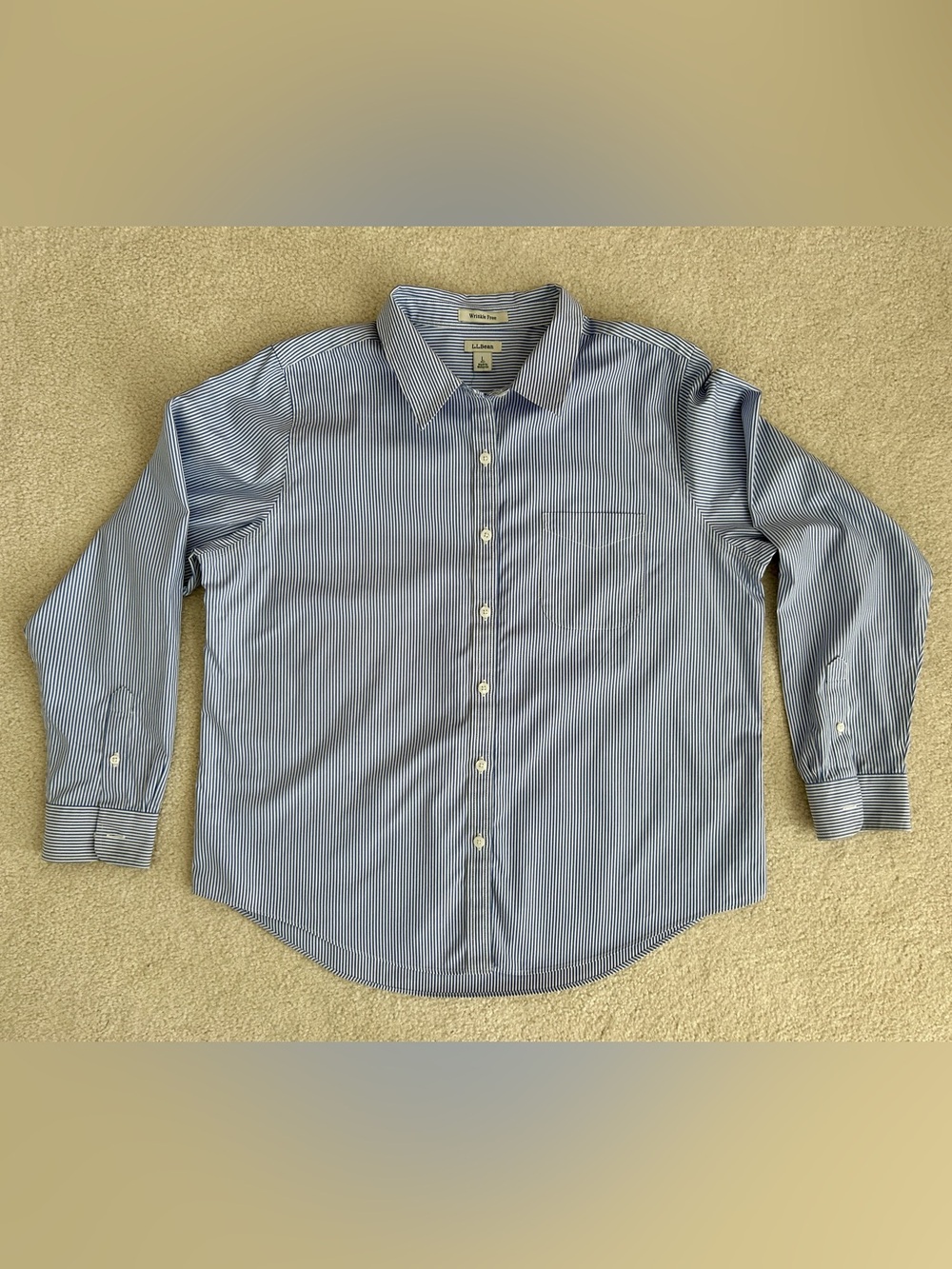 LL BEAN Women’s Wrinkle Free Long Sleeve Shirt Blue Pinstripes Large Petite L